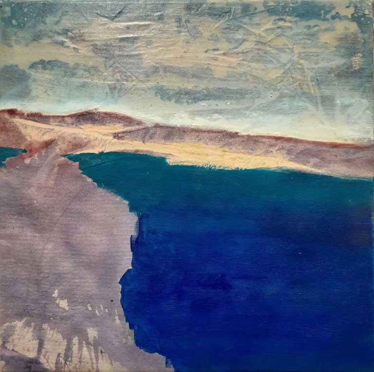 Μανώλης Χάρος. Ζωγραφική με ακτή και βαθύ μπλέ στη θάλασσα
