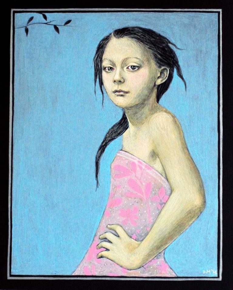 Έργο ζωγραφικής Ι. Μπονάτσου Αερικό. 40Χ32εκ Ακρυλικά .Νεαρό κορίτσι με ροζ φόρεμα σε γαλάζιο φόντο