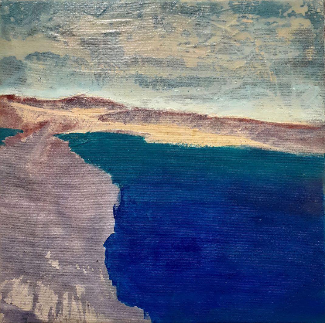 Painting by Manolis Haros. 50Χ50 cm. Landscape with blue sea and coast in earthy and gray shades