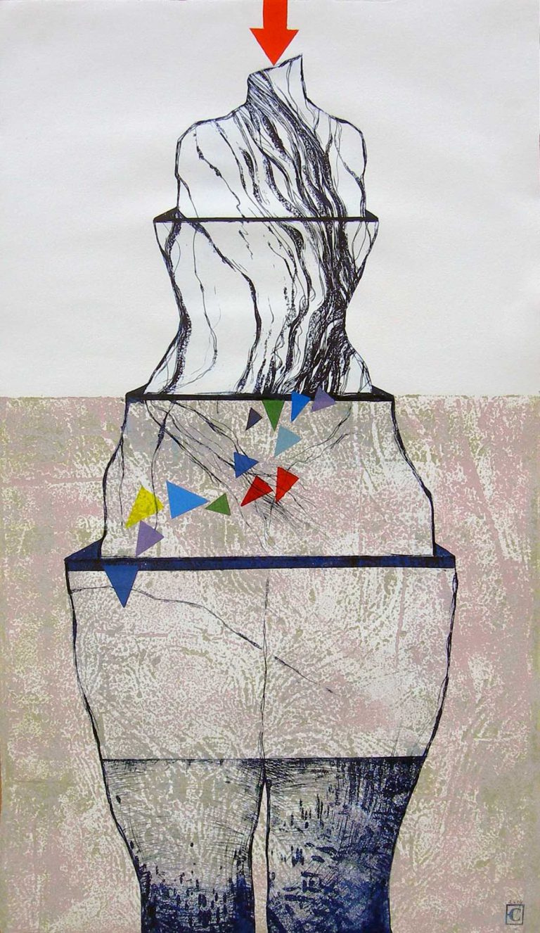 Χαρακτικό - Mικτή Tεχνική. Κορμός γυναίκας κομμένος σε ζώνες με χρωματιστά τρίγωνα στο εσωτερικό.