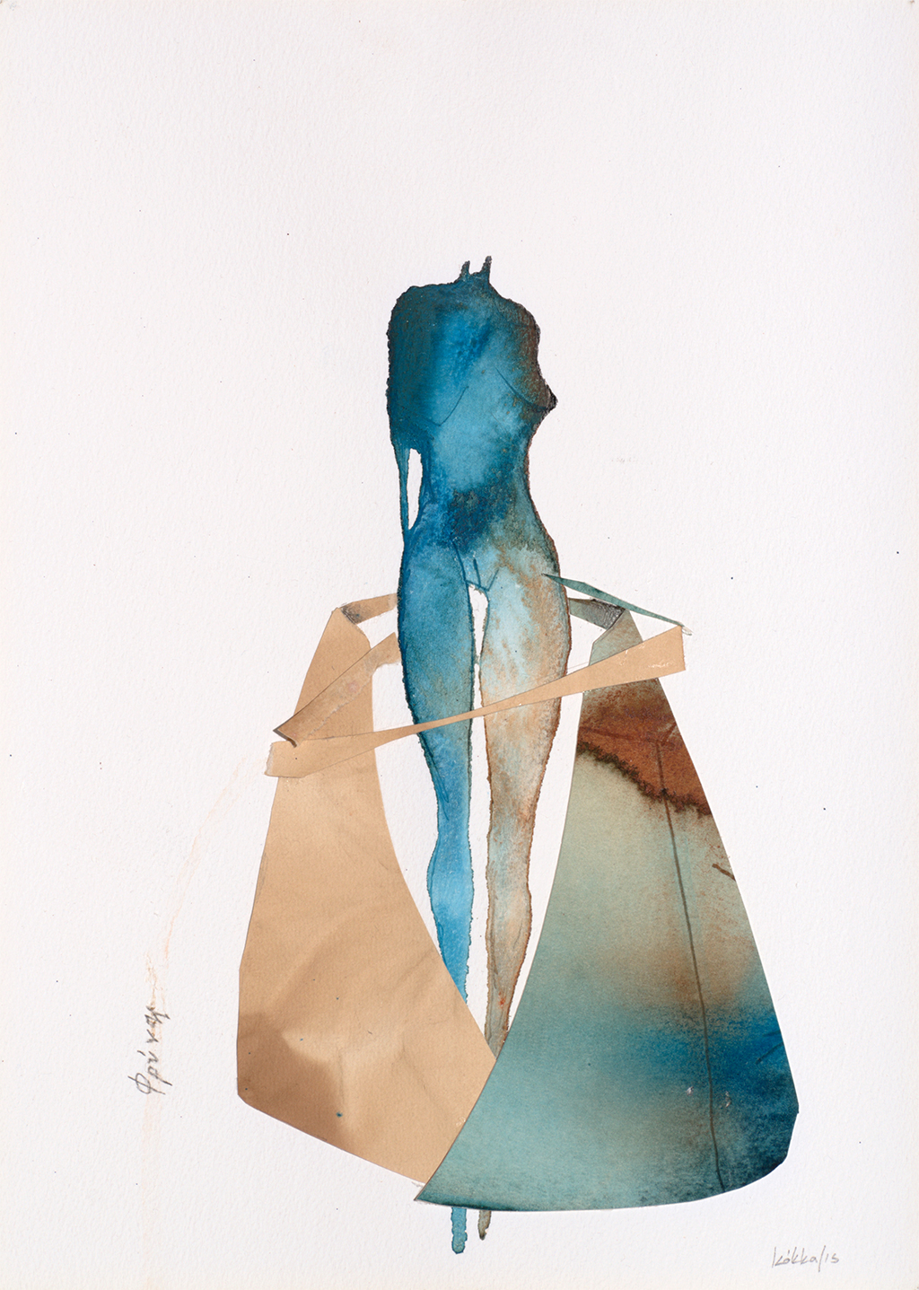 Έργο ζωγραφικής του Ν. Κόκκαλη. Φρύνη.Ακουαρέλα με ακέφαλη γαλάζια γυναικεία φιγούρα