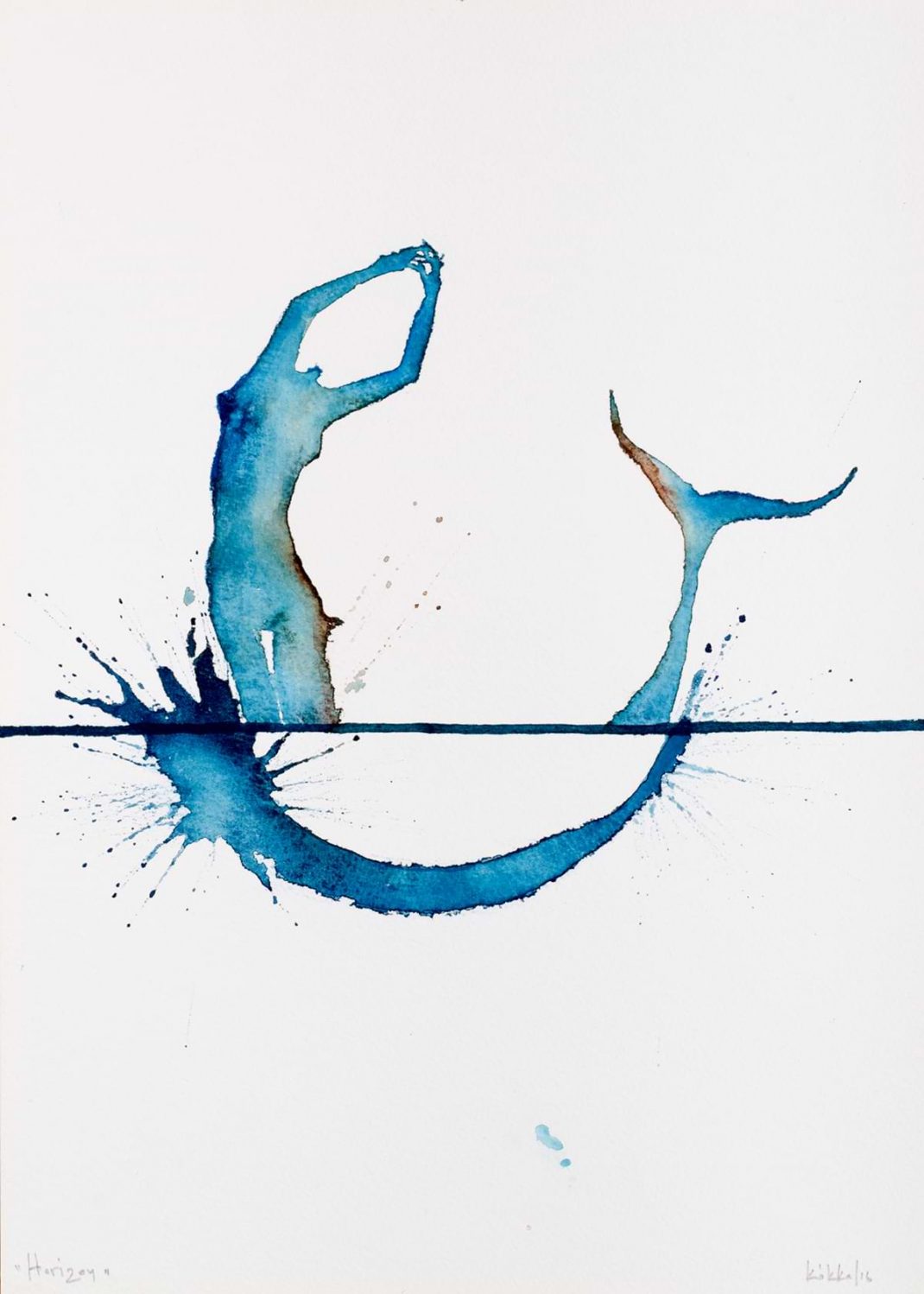 Εργο ζωγραφικής του Νίκου Κόκκαλη. Ακουαρέλλα, 25,5Χ35,5 Γοργόνα σε απλή μορφή με γαλάζιο χρώμα