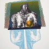 3. Χαρακτικό Κ. Ηλιοπούλου 40Χ30εκ. μικτή τεχνική. Γυναικείος γυμνός κορμός με λαδί φόντο και γαλάζια αντανάκλαση