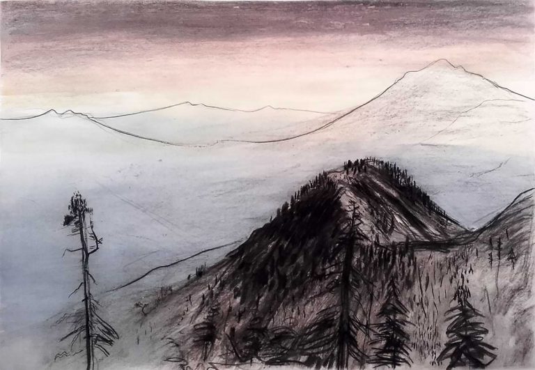 Γιάννης Καστρίτσης. Ζωγραφική με κάρβουνο και σκόνες 120Χ100εκ. Βουνό απο μακριά & ξερό δέντρο