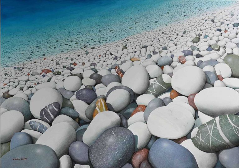 Painting by Th. Ziakkas. Landscape with beach & pebbles. Blue clear water