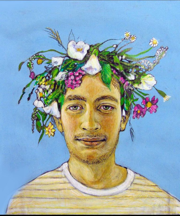 Ισμήνη Μπονάτσου. Ζωγραφική με ακρυλικά, αγόρι με λουλούδια στο κεφάλι