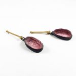 Niki Boli. Dublet earrings with Rodonite and Quartz crystal, tied with oxidized silver & a small diamond. Side view