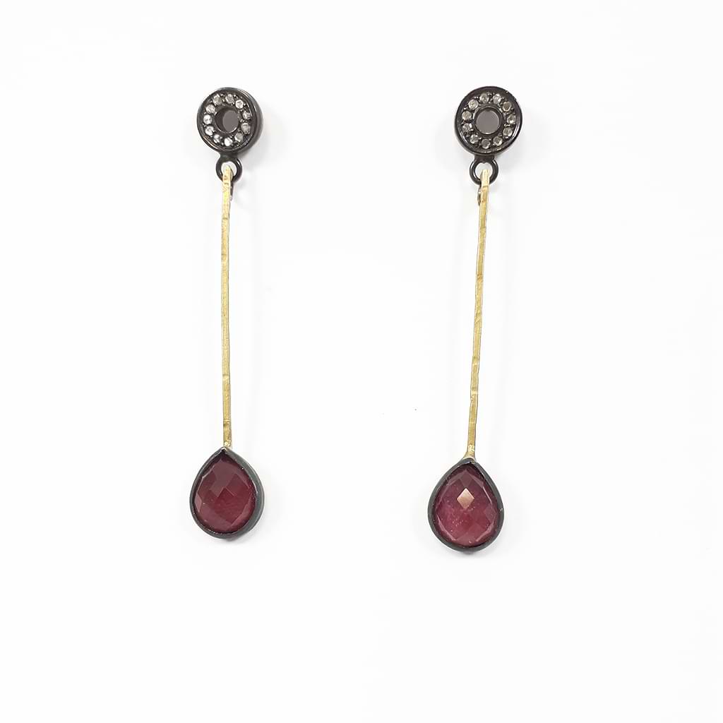 Niki Boli. Long Ruby Earrings with Ruby and Quartz Crystal in the Shape of a Drop 