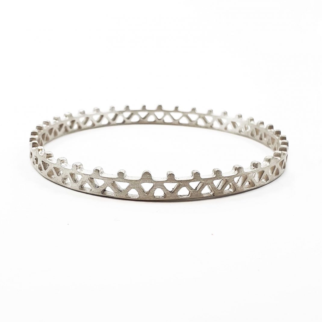 Katerina Malami. Silver bracelet with geometric patterns. Front View