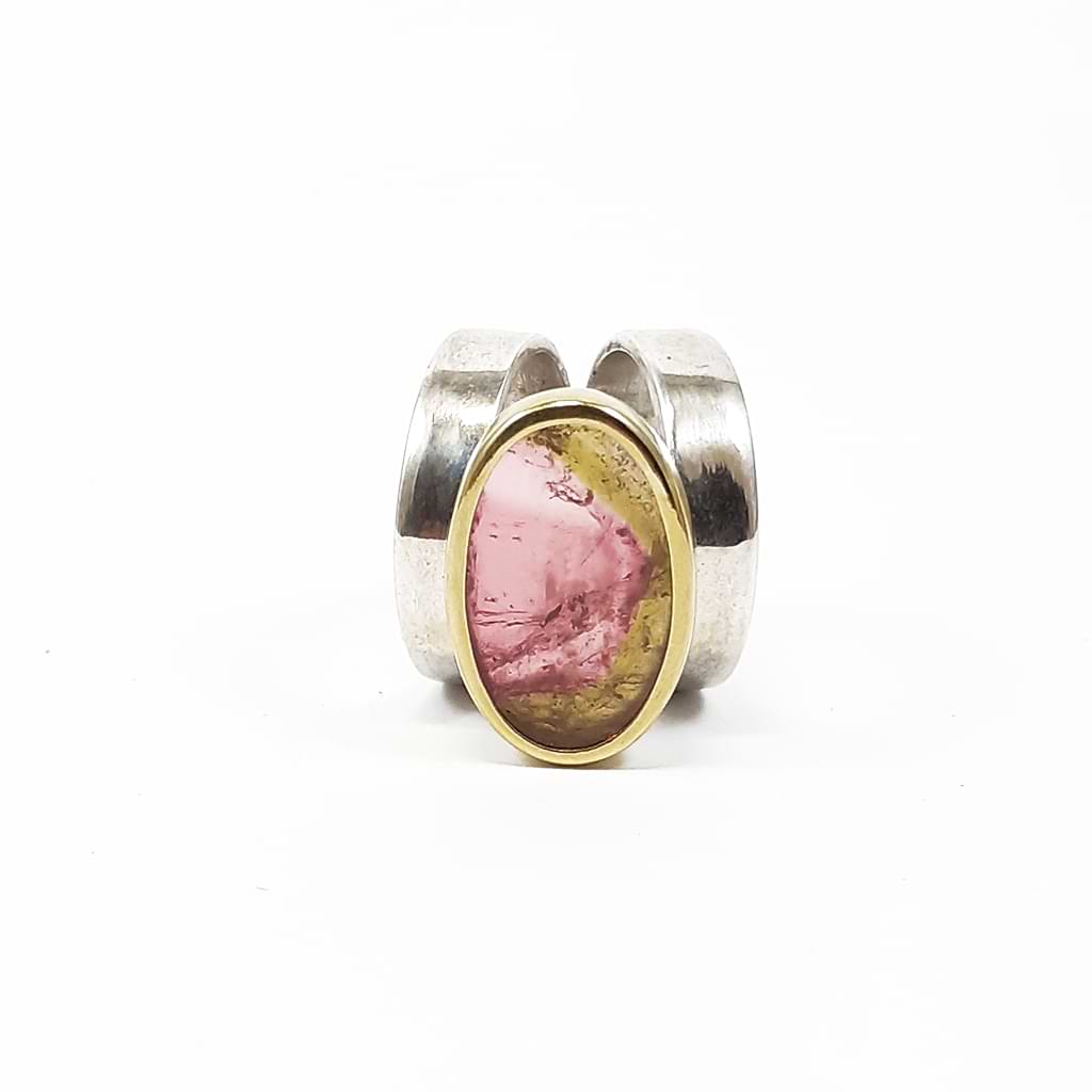 Katerina Malami. Unique oval ring with two-tone watermelon tourmaline. Front View