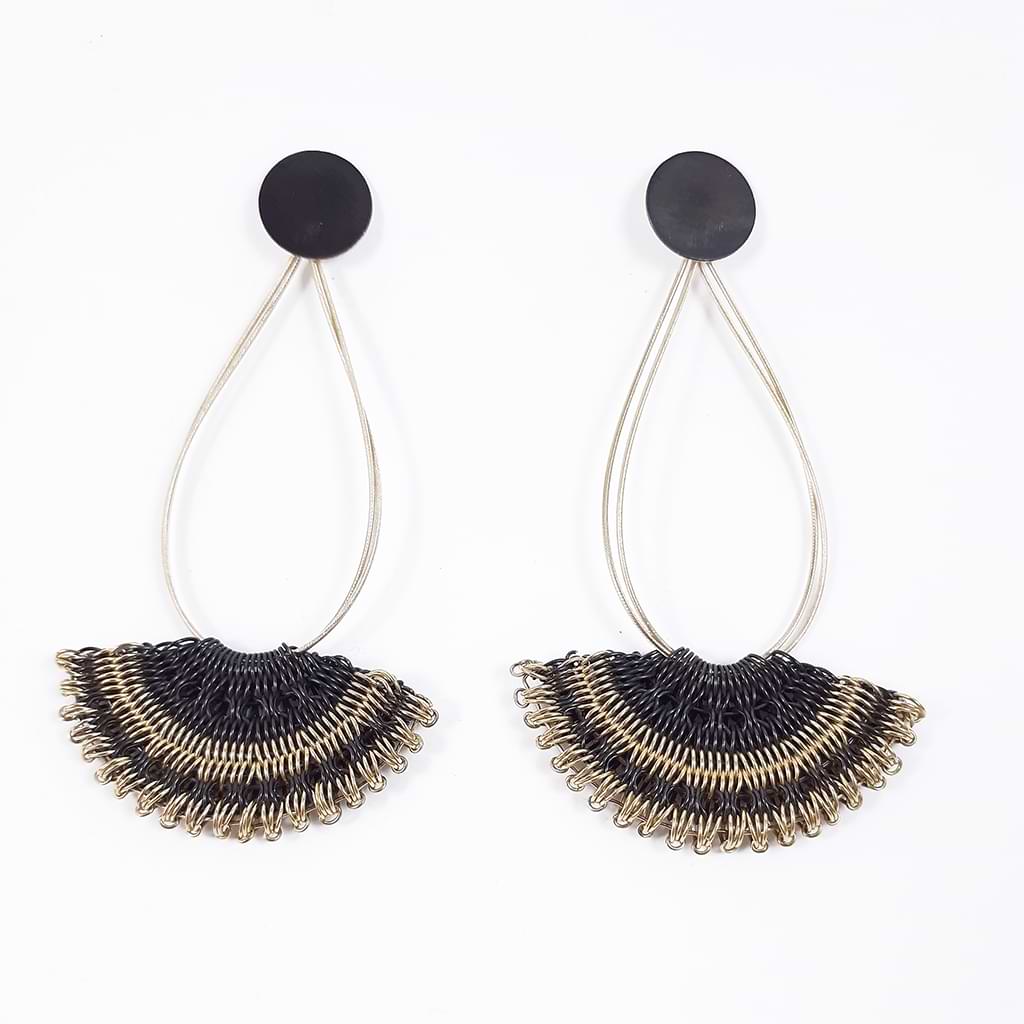 Myrsini Bezourgianni. Earrings made of silver braided by hand in the shape of a fan and maltesing technique with oxidation and gilding. Top view