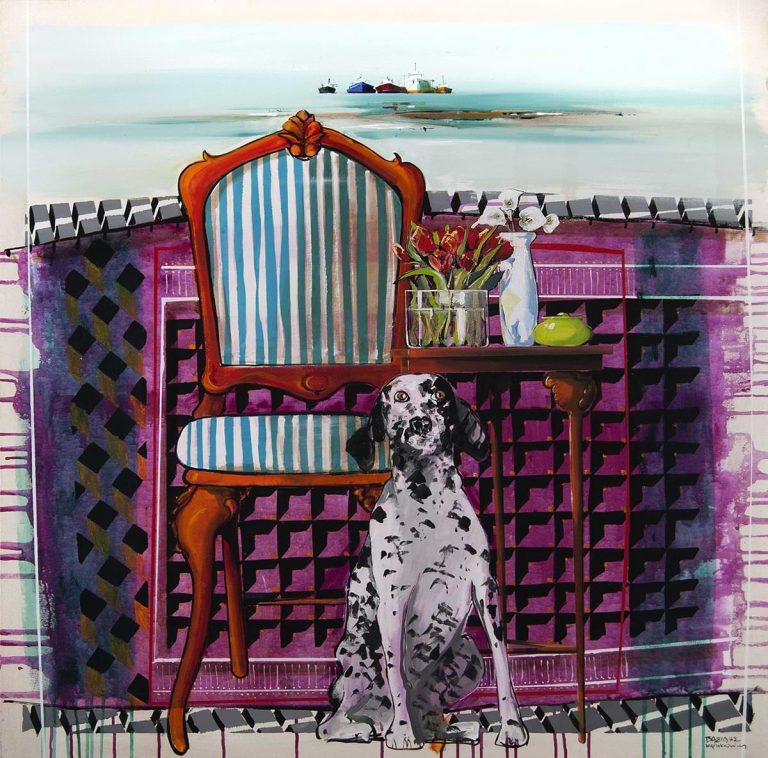 Βασίλης Καρακατσάνης. Ζωγραφική με σκύλο Δαλματίας μπροστά απο καρέκλα και χαλιά