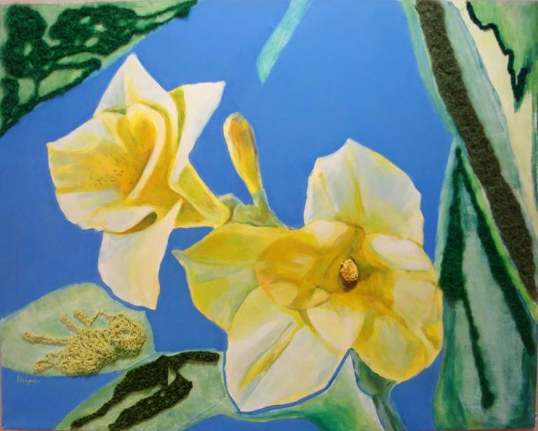 Έργο ζωγραφικής Άννα Σπάρταλη, δύο κίτρινα κρίνα σε γαλάζιο φόντο