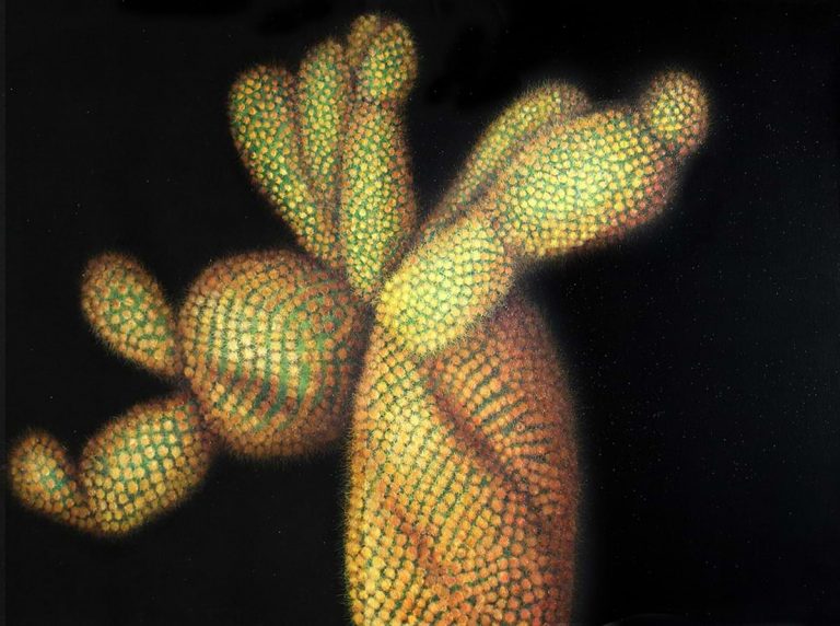 Despina Konstantinou. Painting. Yellow cactus on a black background.