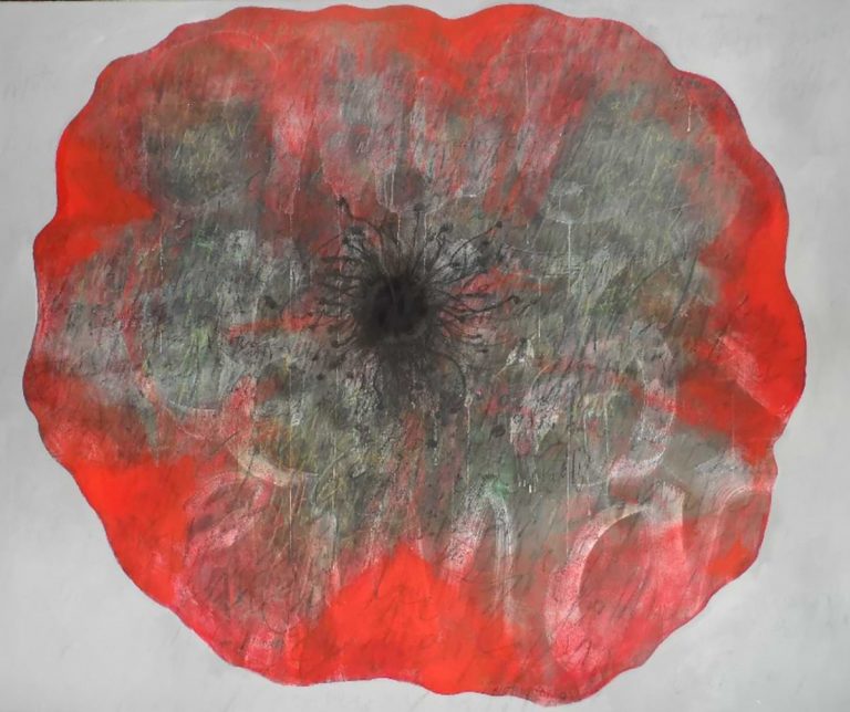 Painting by Irini Christoforidou. Big red poppy with graphs in the center