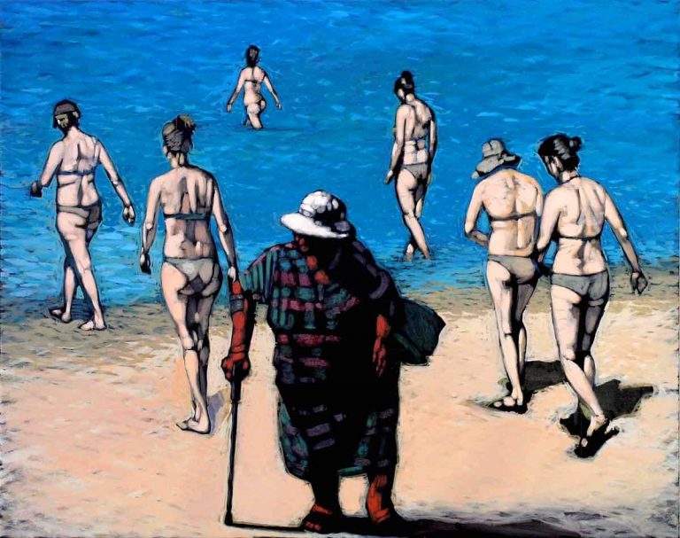 Painting by Sotiris Lioukras. Bathers on the sea shore & an old lady dressed