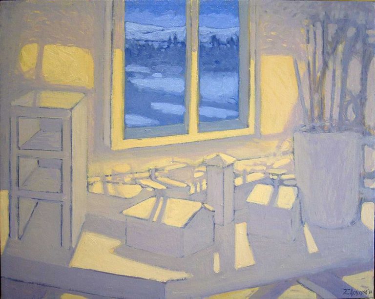 'Εργο ζωγραφικής σωτηρη λιουκρα. Φωτισμένο εσωτερικο δωματίου με παράθυρο σε χιονισμένο τοπίο