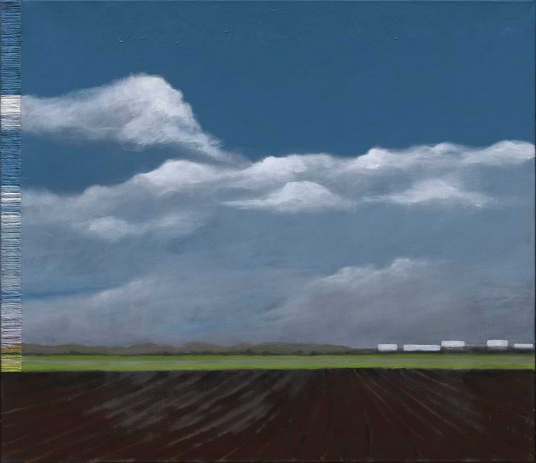 Αλεξία Ξαφοπούλου. Ζωγραφική 70Χ80 εκ. Ουρανός με σύννεφα και οργωμένο χωράφι