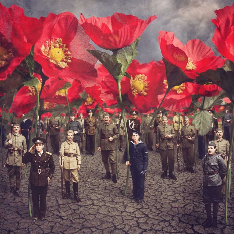 Photo collage of Jane Long with soldiers and tall poppies. World War I