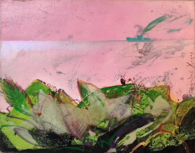 Manolis Charos. Painting in pink sky & sea with vegetation in front
