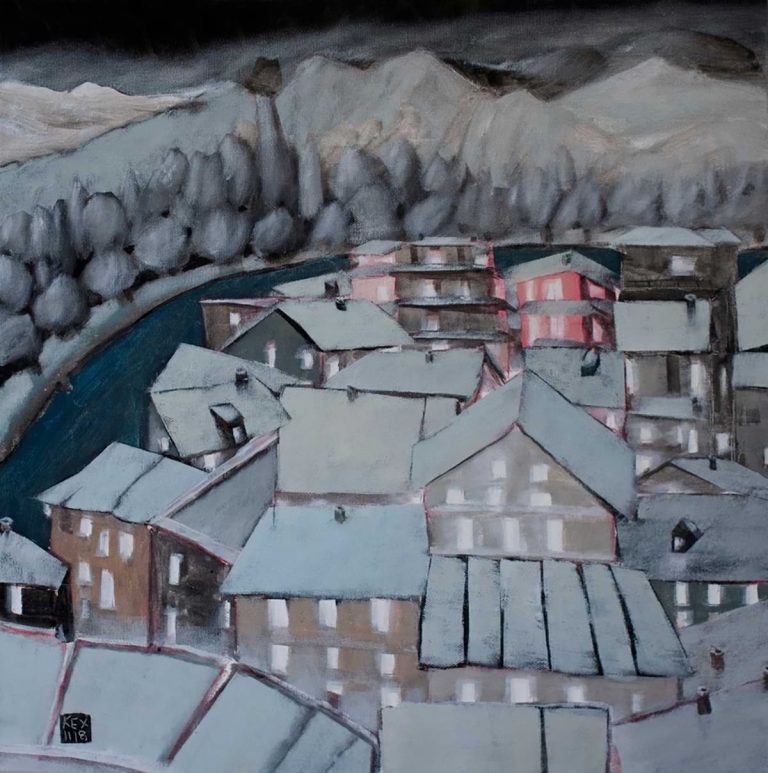 Painting by Ch. Kechagioglou white night 50x50 cm. Evening landscape with a snowy village from above