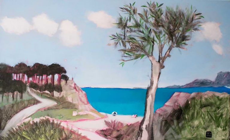 Painting by Ch. Kechagioglou beach 70x113 cm. In the background the sea & two umbrellas in the sand. In front a tree & forest.