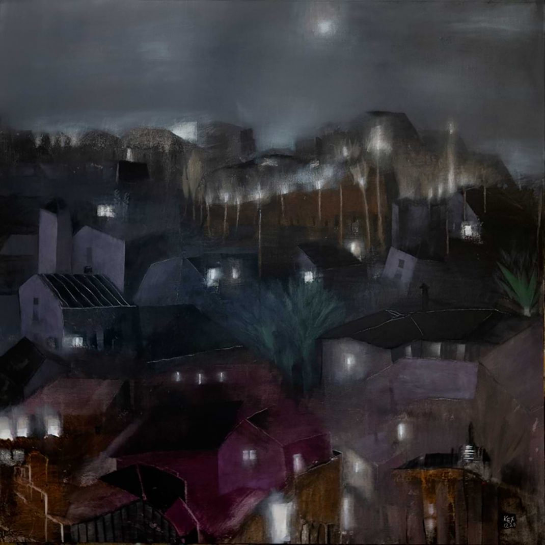 Έργο ζωγραφικής Χ. Κεχαγιόγλου100Χ100 εκ Νυχτερινό τοπίο με ορεινό χωριό σε αποχρώσεις του γκρι & φως στα παράθυρα των σπιτιών