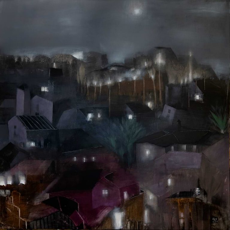 Painting by Ch. Kechagioglou100X100 cm Night landscape with mountain village in shades of gray & light in the windows of the houses