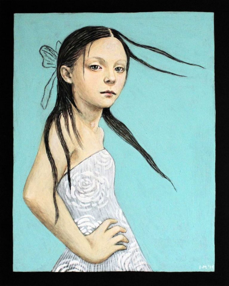 Painting by I. Bonatsou Aeriko. 40x32cm Acrylics Young girl in white dress on a blue-green background