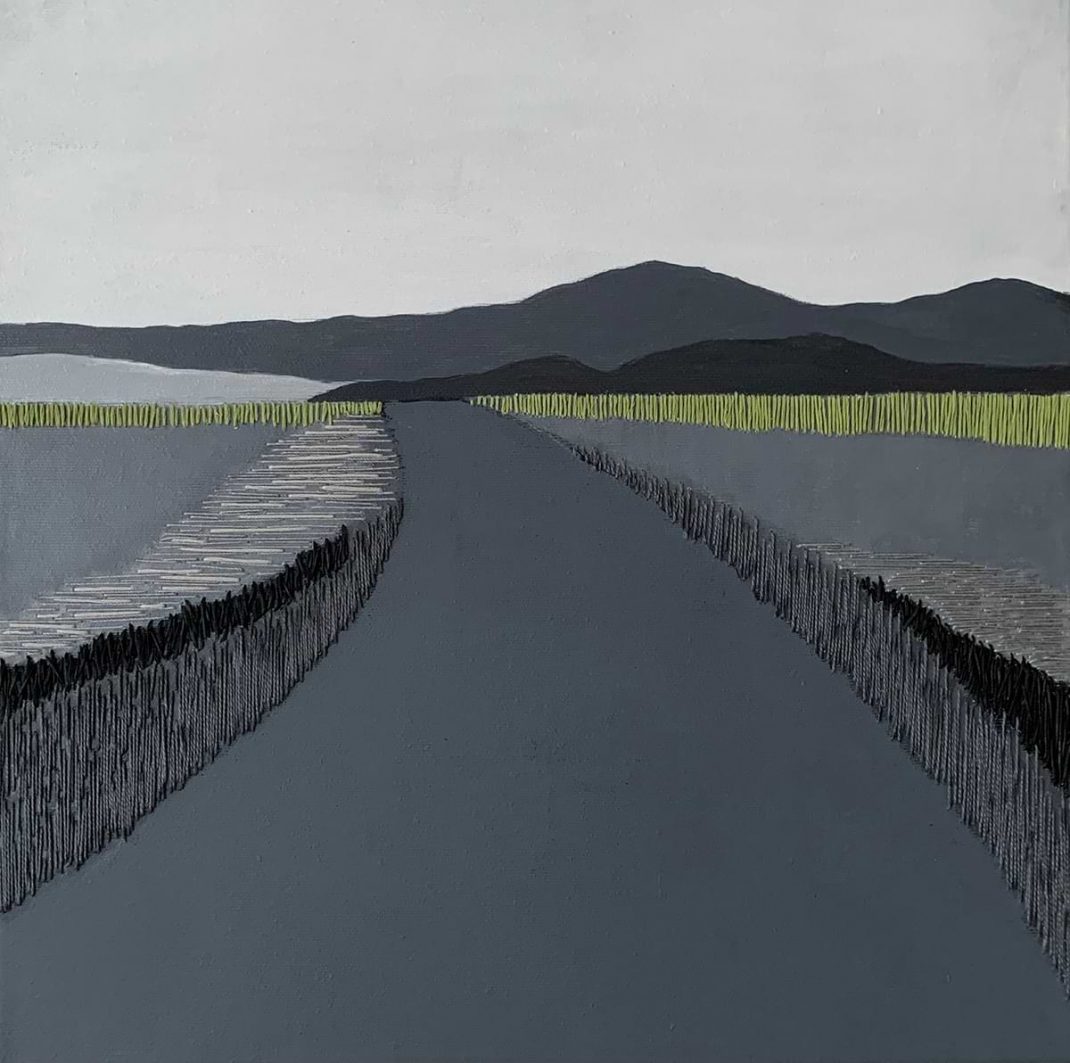 Alexia Xafopoulou. Landscape painting in gray, mixed media and threads on canvas 40x40cm