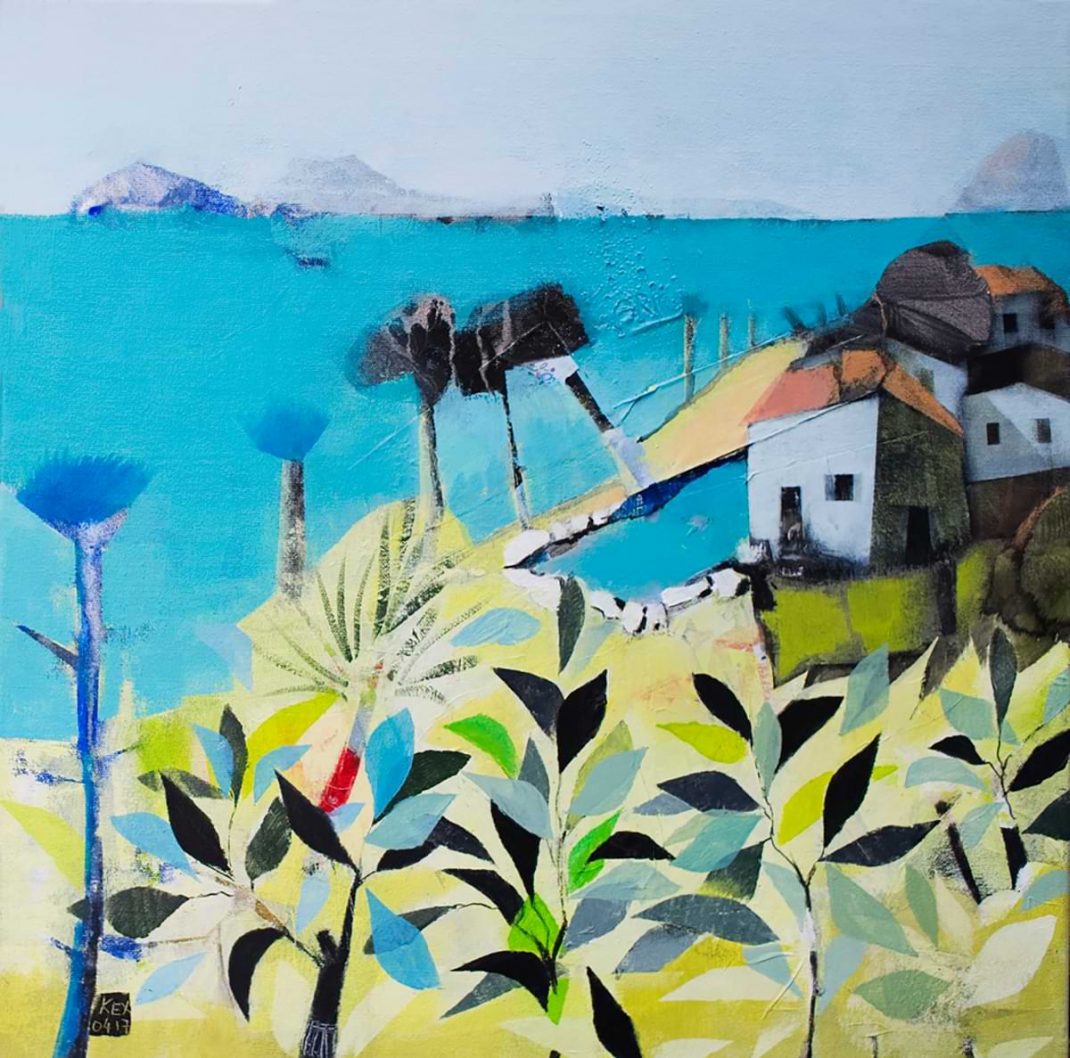 Πίνακας ζωγραφικής - Τοπίο με θάλασσα & κιτρινοπράσινα χόρτα & θάμνοι με μεγάλα φύλλα.