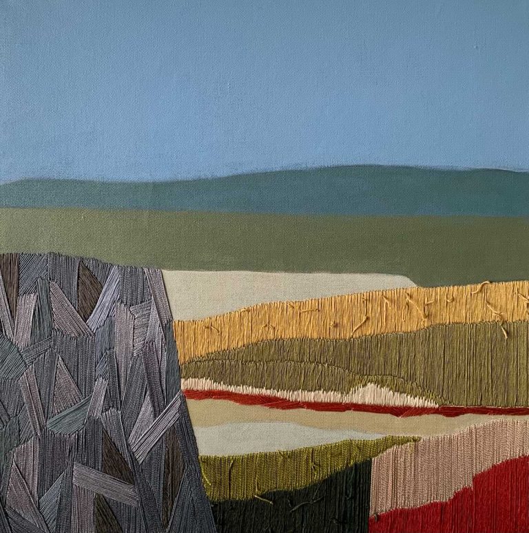 Alexia Xafopoulou. Landscape painting with mixed media and threads on canvas 50X50 cm