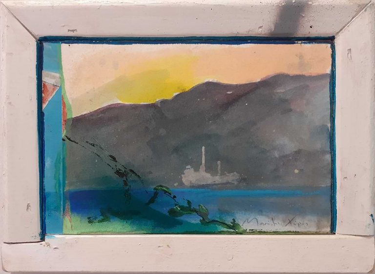Manolis Charos. Painting 28x39 cm., Bright sky & mountains, boat on the sea