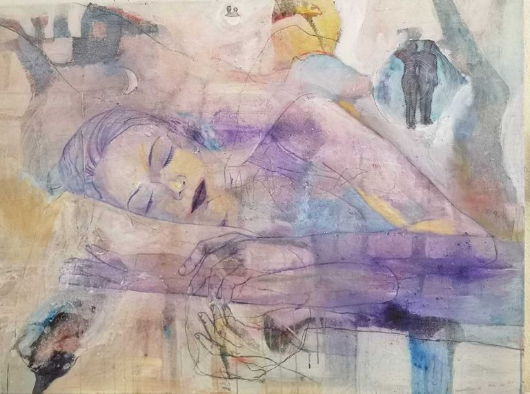 Σταύρος Παναγιωτάκης. ζωγραφική με γυναίκα που κοιμάται και ονειρεύεται σε παστέλ χρώματα