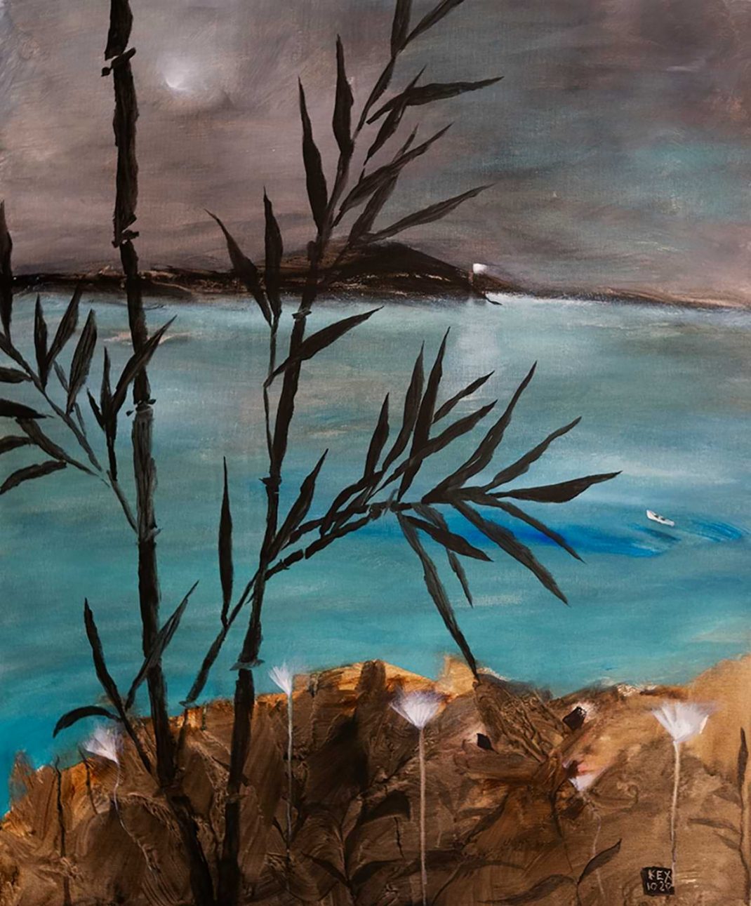 Christos Kechagioglou. Painting. Dusk on the seaside & a reed