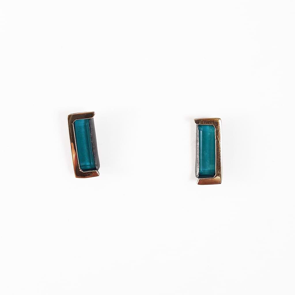Niki Boli. Rectangular doublet earrings with turquoise and Quartz crystal, silver and gold 14ct.