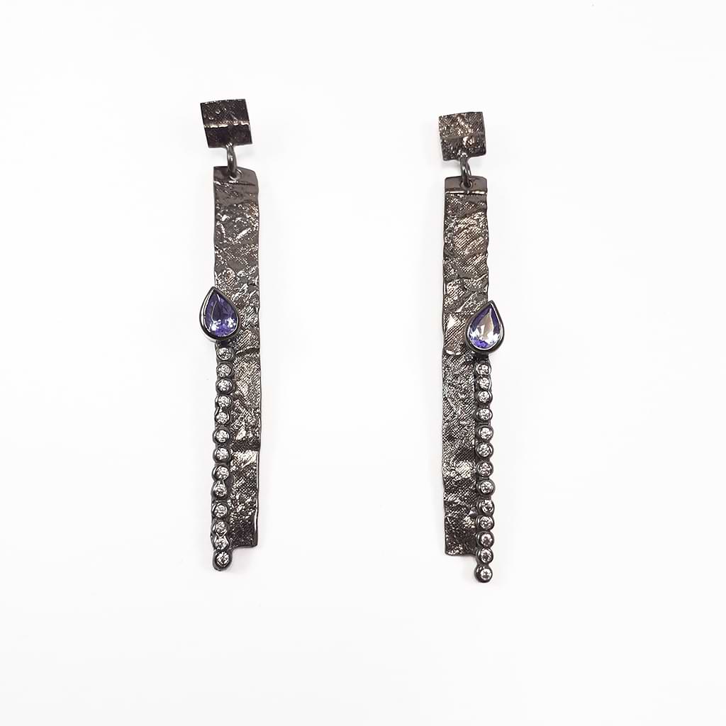 Iosif. Long earrings made of silver with a nice texture, Aquamarine and 13 synthetic stones.