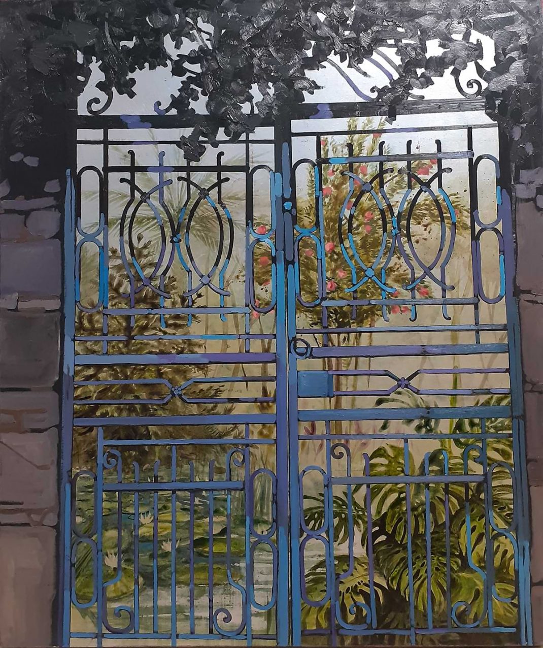 Νικόλας Μπλιάτκας. Ζωγραφική 120Χ100 εκ, σιδερενια πόρτα κήπου & εξωτικά φυτά
