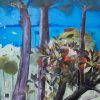 Χρήστος Κεχαγιόγλου. Ζωγραφική 70Χ70 εκ, Τοπίο με τρία δέντρα & ένα με μεγάλα φύλλα. Στο βάθος ένα κόκκινο σπίτι & θάλασσα