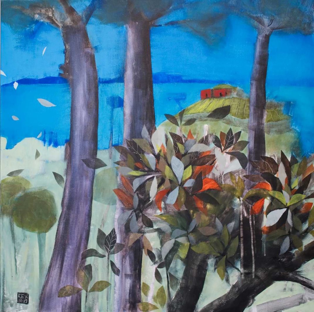 Christos Kechagioglou. Painting 70x70 cm, Landscape with three trees & one with large leaves. In the background a red house & sea