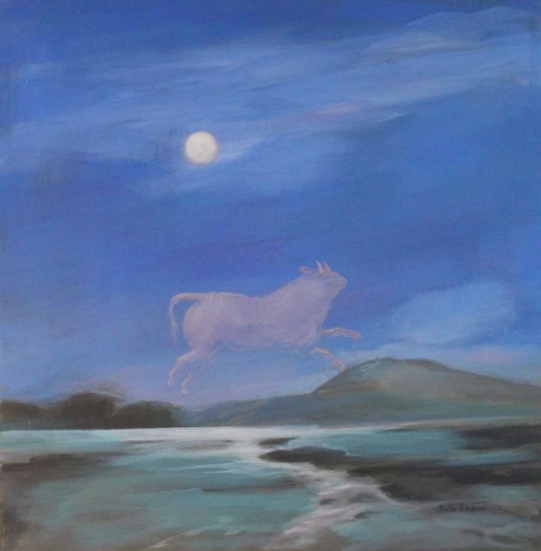 Soula Repani, painting with a bull like a cloud, moon & blue sky